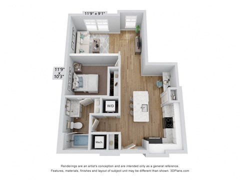 Floor plan for studio, 1 bath, 697 sqft